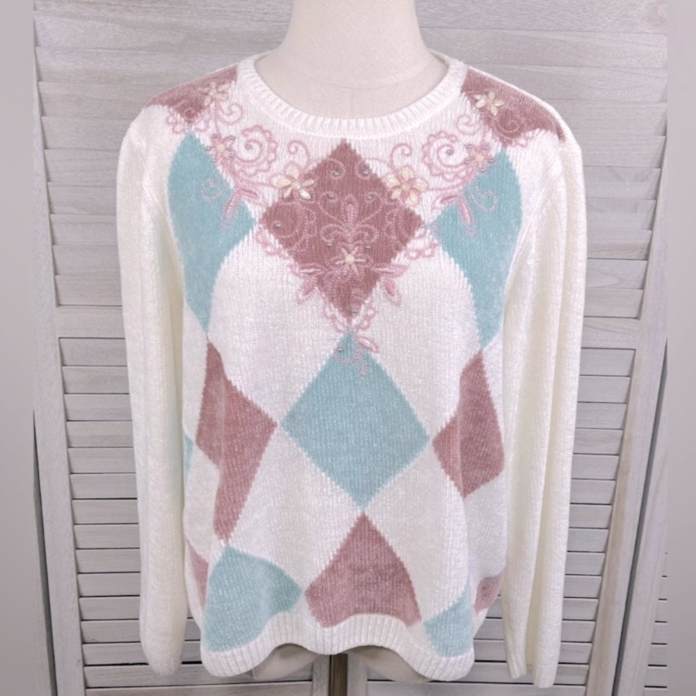 ALFRED DUNNER Vintage 80's Chenille Sweater Diamond Pattern w Beading-PXL